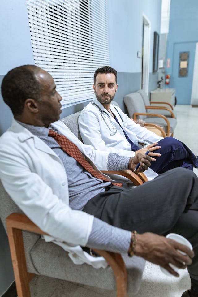 illustrative image for OET Speaking test day - two doctors talking in a hostpial